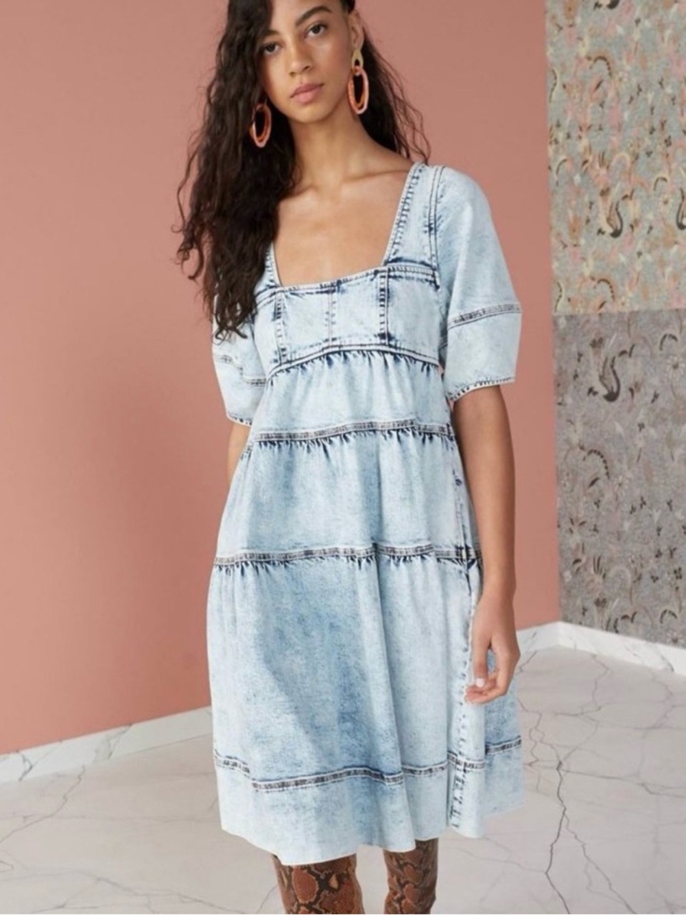 Ulla Johnson Denim Blue Jeans Dress Washed Out Acid Size 8 Square Neck $510